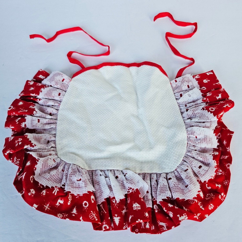 Vintage Baby Bib Red Christmas Holiday Ruffle Lace Needlepoint Embroidery